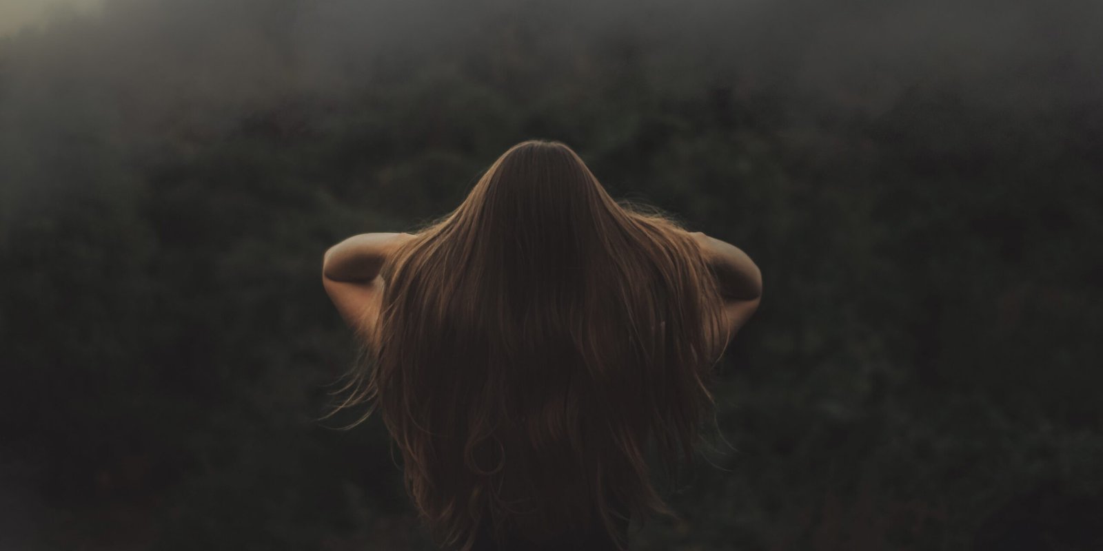 About Back view of a woman with long hair, standing in a misty forest.